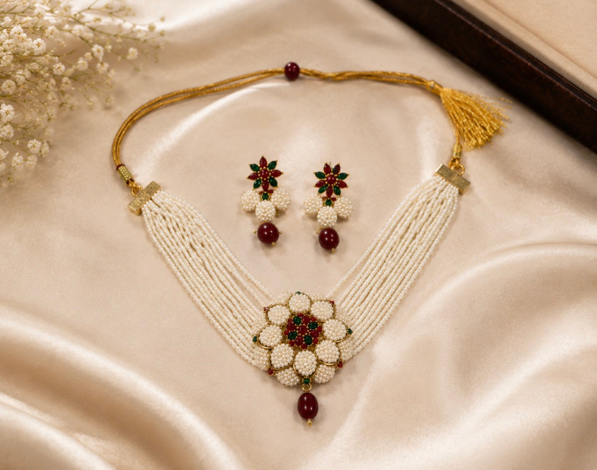 Elegant Pearl Floral Necklace Set with Matching Earrings