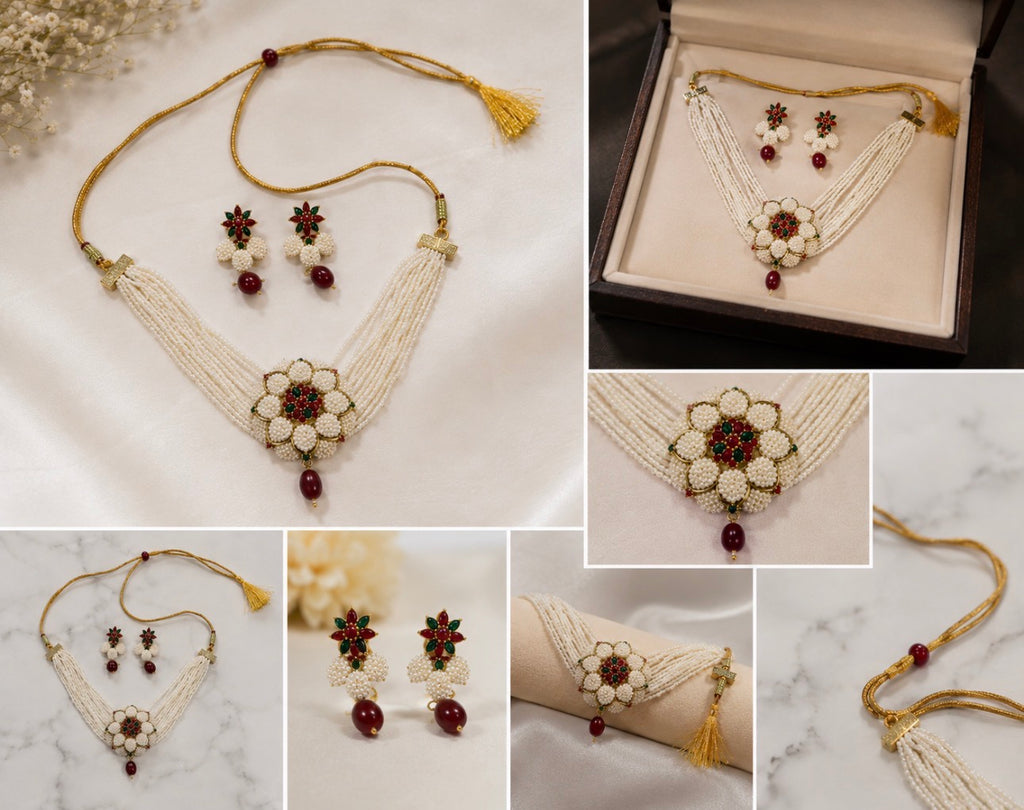 Elegant Pearl Floral Necklace Set with Matching Earrings